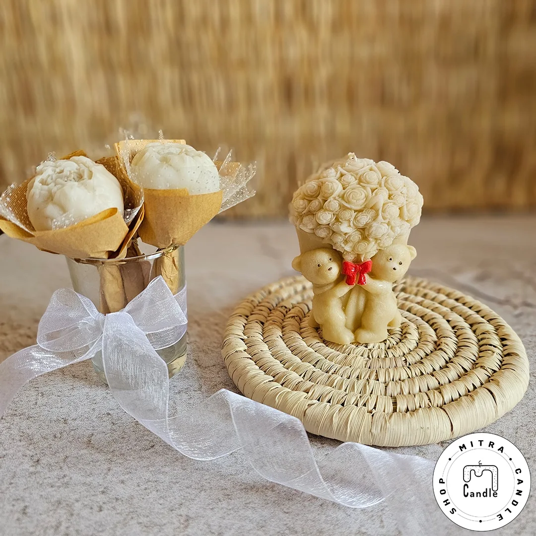teddy bouquet.2 پک شمع تدی با دسته گل و دسته گل پیونی - Image 1